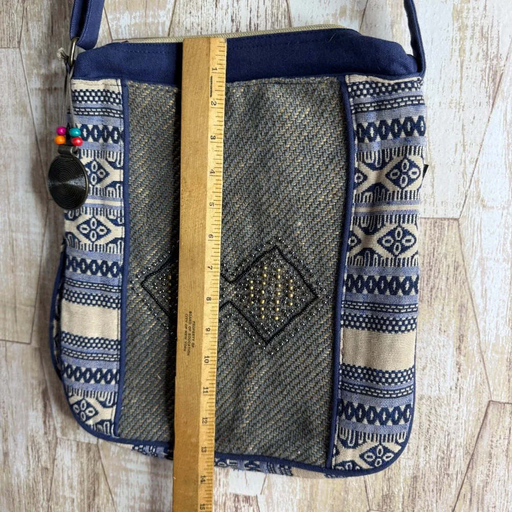 Vintage Catori Boho Embroidered Crossbody Bag Blue Tan Beaded‎ Charm